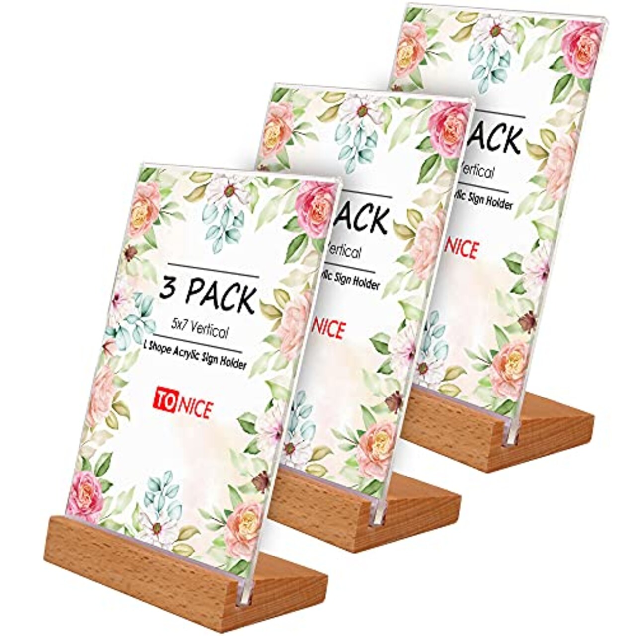 3 Pack 5x7 Acrylic Sign Holder Slant Back Design L Shape Clear Acrylic Frames Wood Base, Table Menu Display Stand Flyer Display for Desk Display (Optional 8.5x11/5x7 Inch L/T Shape)